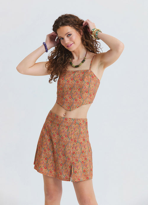 Adjustable Strap Blouse with Elastic Back and Orange Floral Print 4938