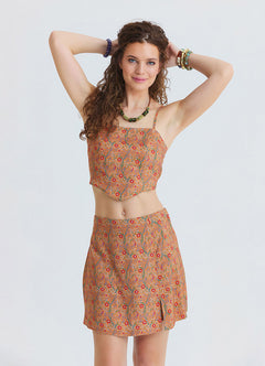 Adjustable Strap Blouse with Elastic Back and Orange Floral Print 4938