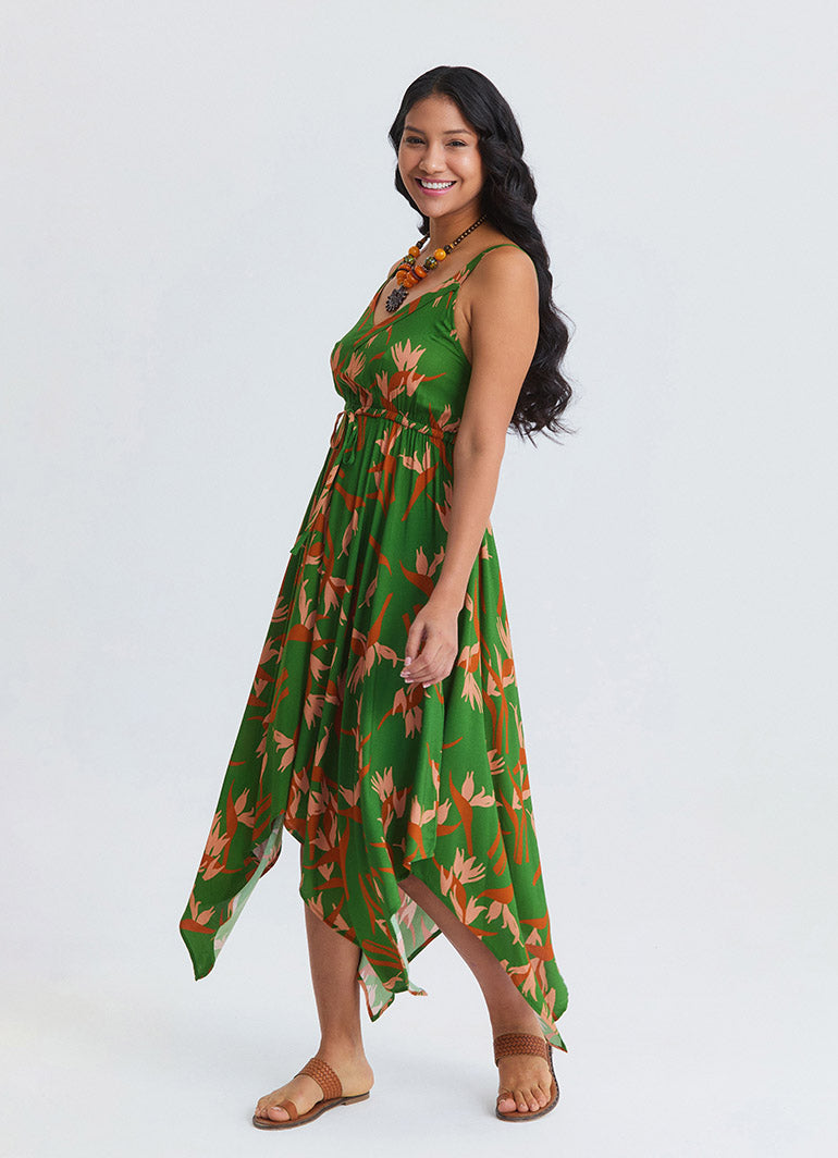 V Neck Asymmetrical Cut Bahia Pattern Bohemian Dress 4818