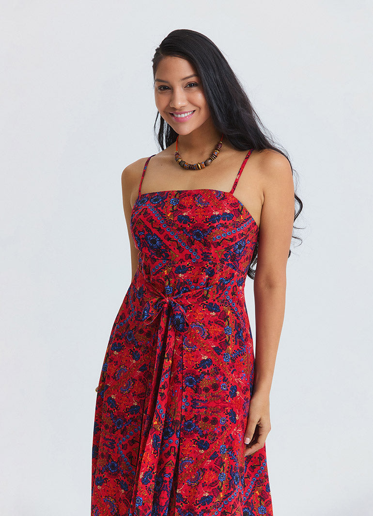 Red Floral Dress with Thin Straps, Side Slit and Tie Detail 4915