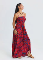 Red Floral Dress with Thin Straps, Side Slit and Tie Detail 4915