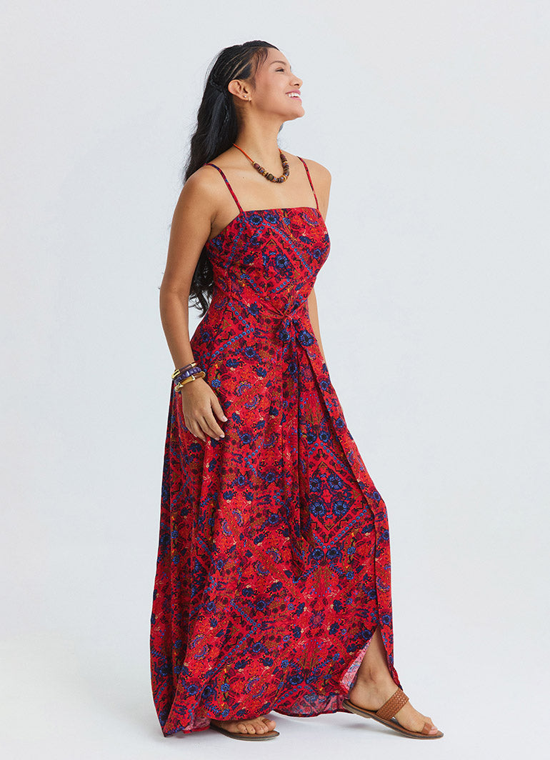 Red Floral Dress with Thin Straps, Side Slit and Tie Detail 4915