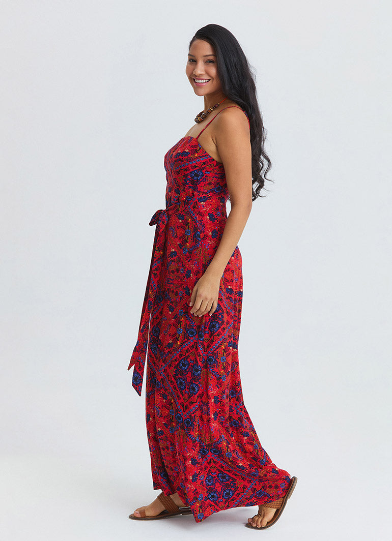 Red Floral Dress with Thin Straps, Side Slit and Tie Detail 4915
