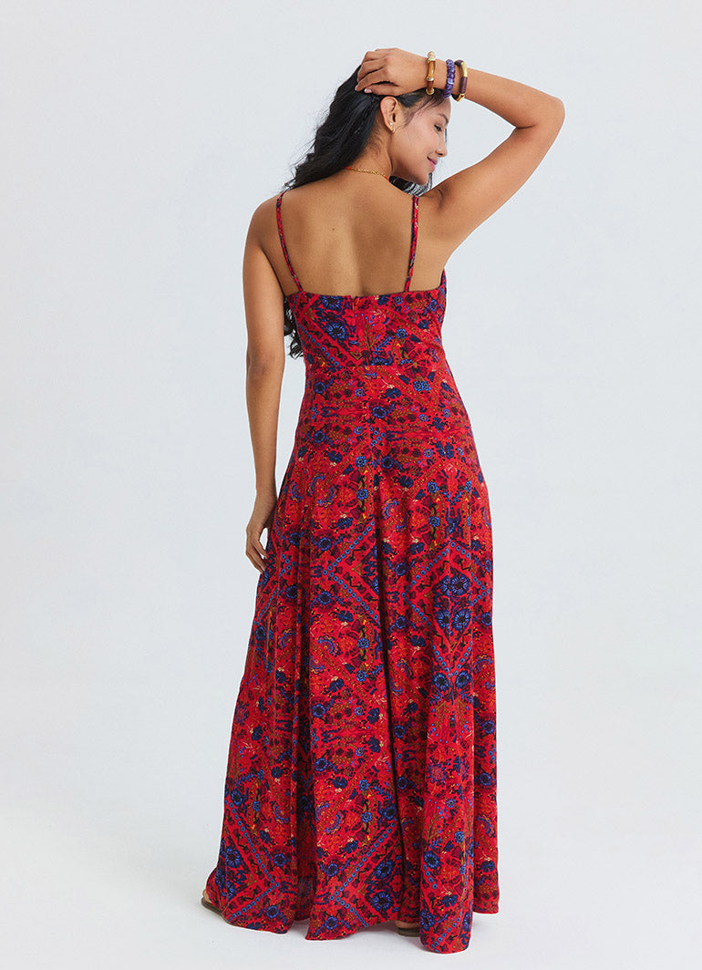 Red Floral Dress with Thin Straps, Side Slit and Tie Detail 4915
