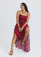 Red Floral Dress with Thin Straps, Side Slit and Tie Detail 4915