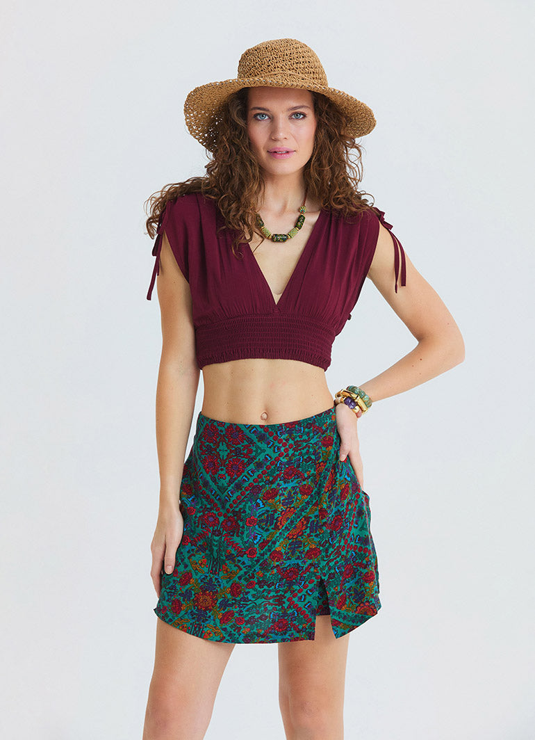 Cross Front Side Zip Green Floral Shorts Skirt 4941