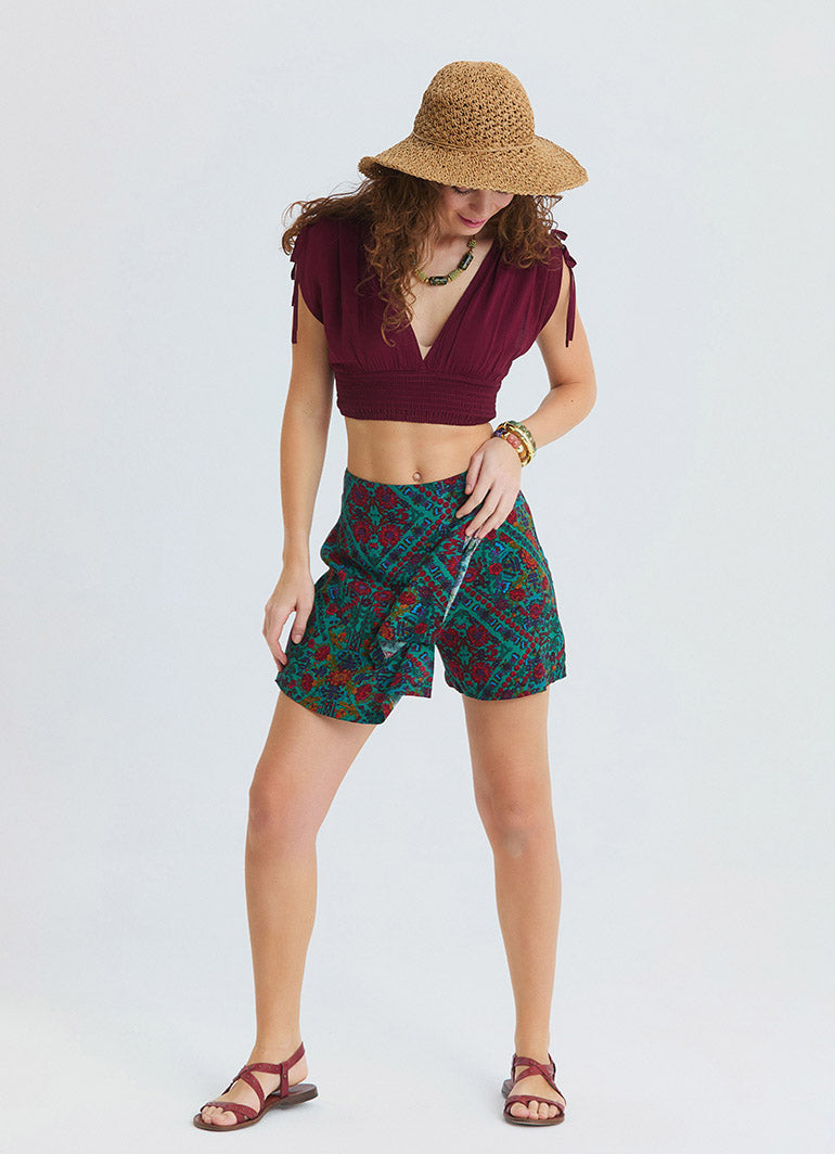 Cross Front Side Zip Green Floral Shorts Skirt 4941