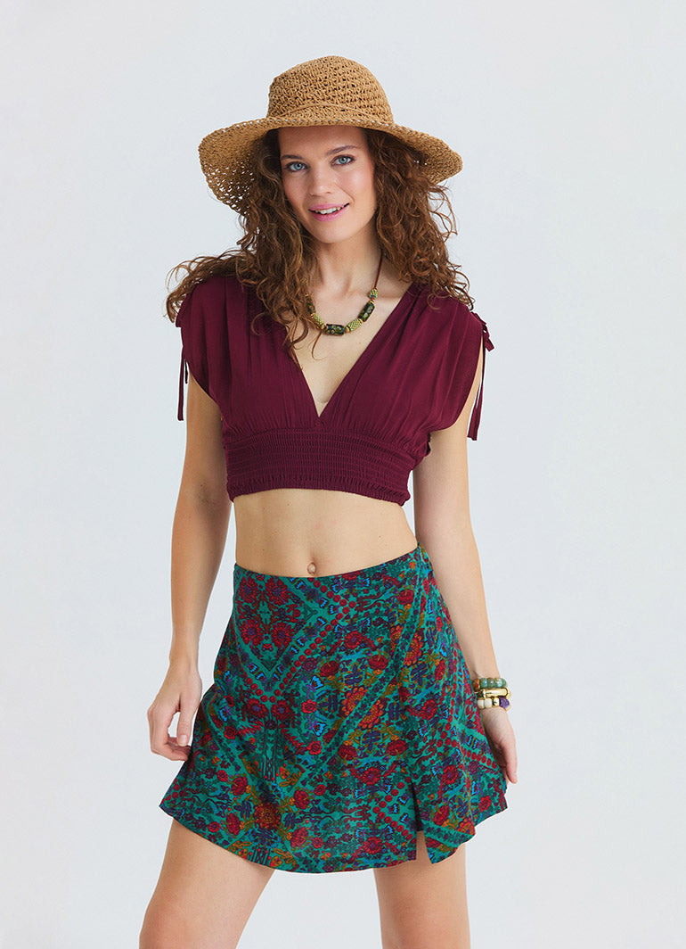 Cross Front Side Zip Green Floral Shorts Skirt 4941