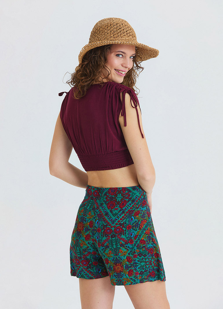 Cross Front Side Zip Green Floral Shorts Skirt 4941