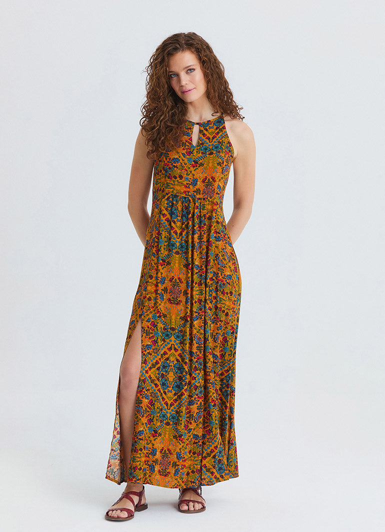 Halter Neck Backless Slit Mustard Floral Dress 4834