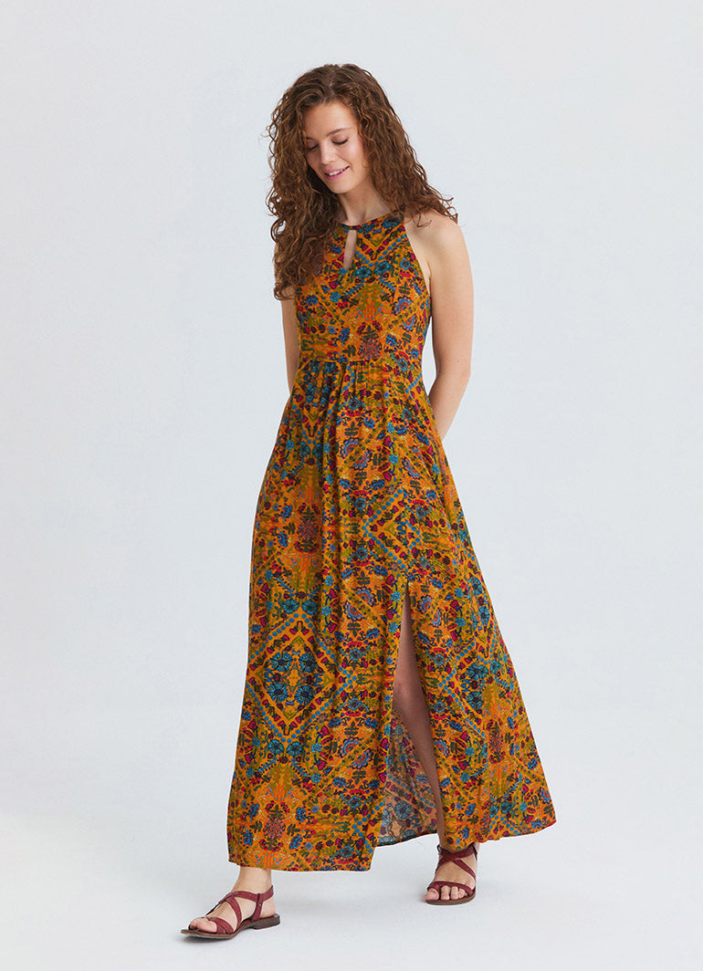 Halter Neck Backless Slit Mustard Floral Dress 4834