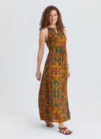 Halter Neck Backless Slit Mustard Floral Dress 4834