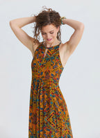 Halter Neck Backless Slit Mustard Floral Dress 4834