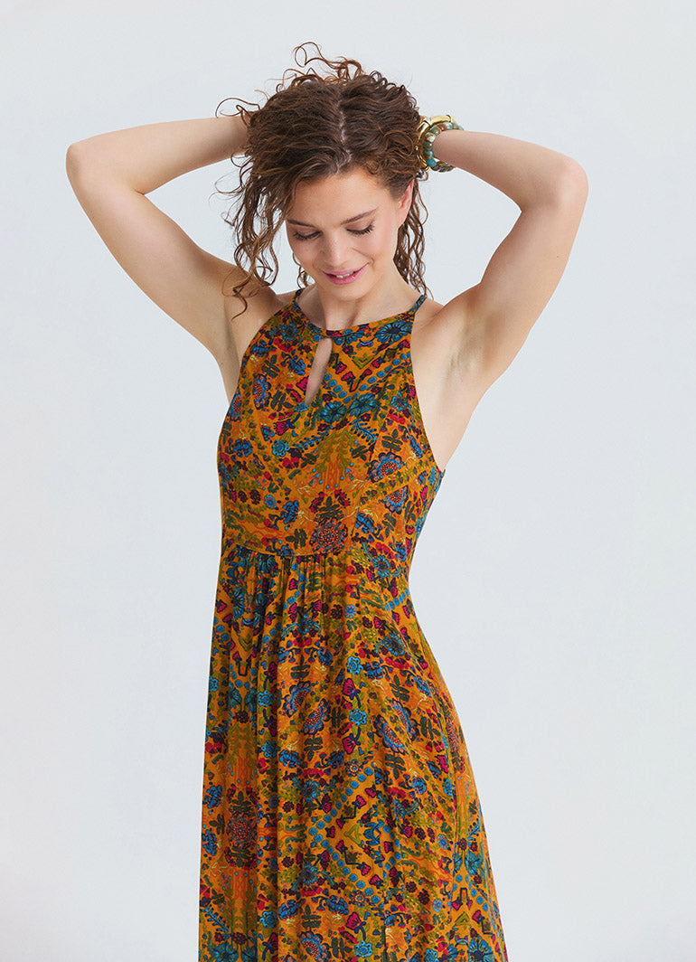 Halter Neck Backless Slit Mustard Floral Dress 4834