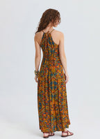 Halter Neck Backless Slit Mustard Floral Dress 4834
