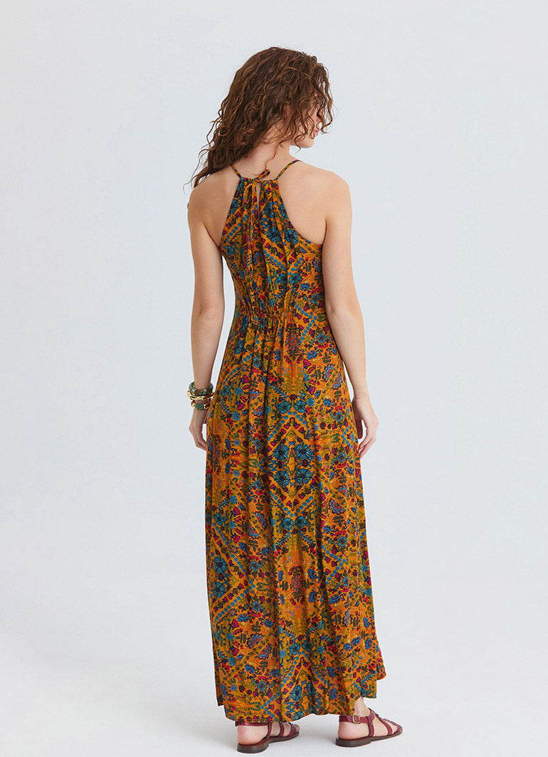Halter Neck Backless Slit Mustard Floral Dress 4834