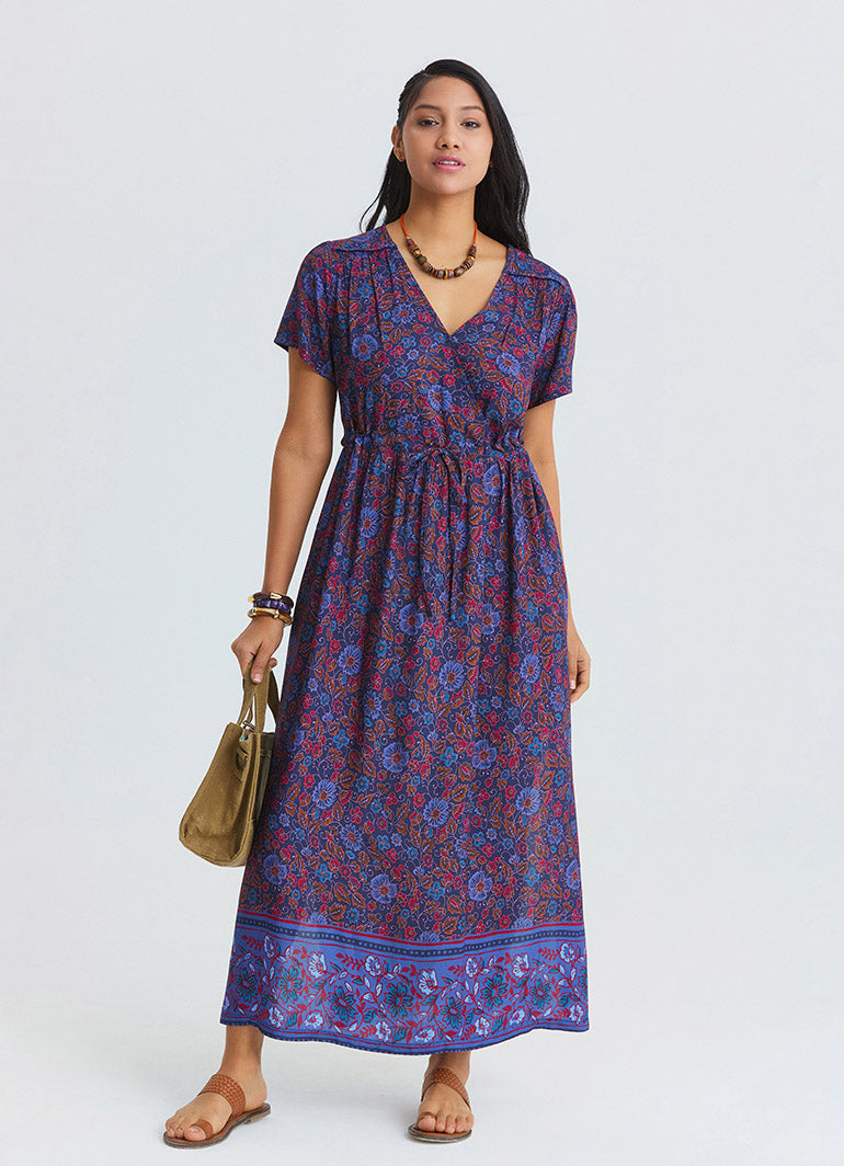 V Neck Slit Dress with Tie Front Detail and Blue Floral Print 4956