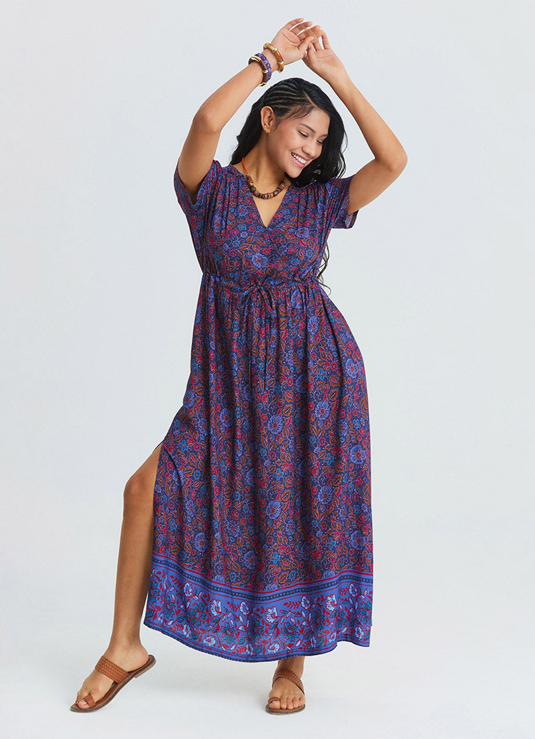 V Neck Slit Dress with Tie Front Detail and Blue Floral Print 4956