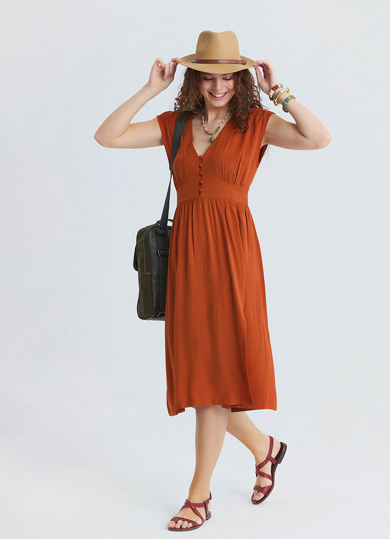 V Neck Backless Brick Midi Dress 4792