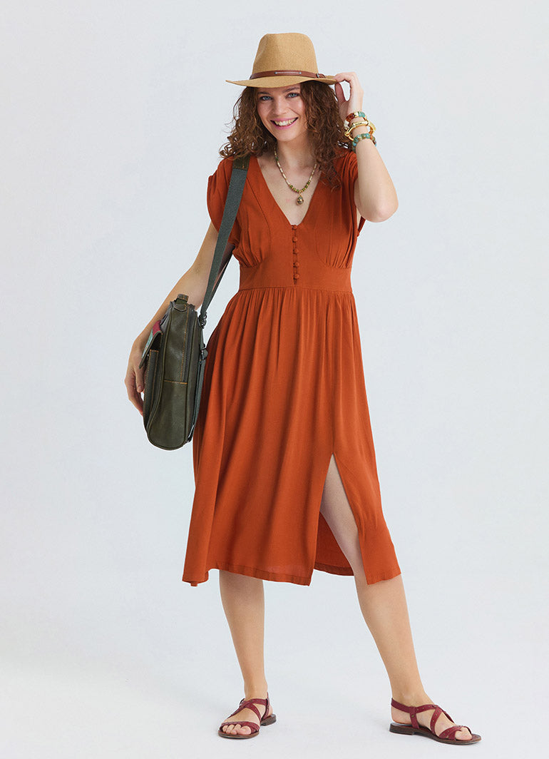 V Neck Backless Brick Midi Dress 4792