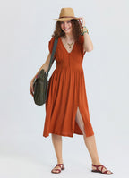 V Neck Backless Brick Midi Dress 4792