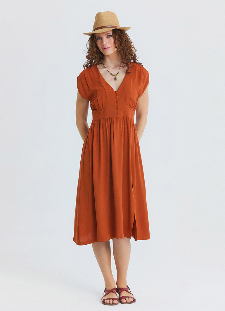 V Neck Backless Brick Midi Dress 4792