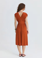 V Neck Backless Brick Midi Dress 4792