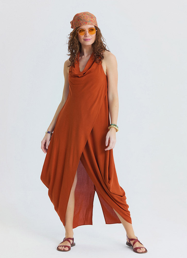 Asymmetrical Collar Tile Patterned Long Dress 4804