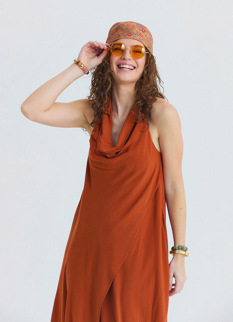 Asymmetrical Collar Tile Patterned Long Dress 4804