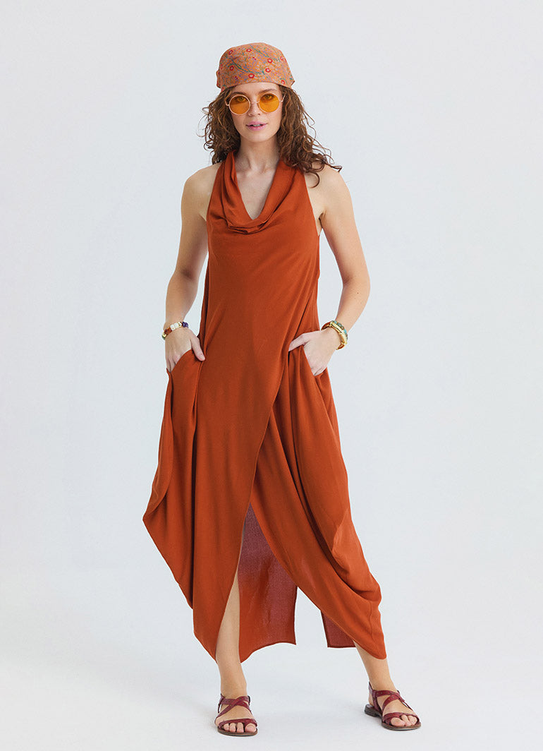 Asymmetrical Collar Tile Patterned Long Dress 4804