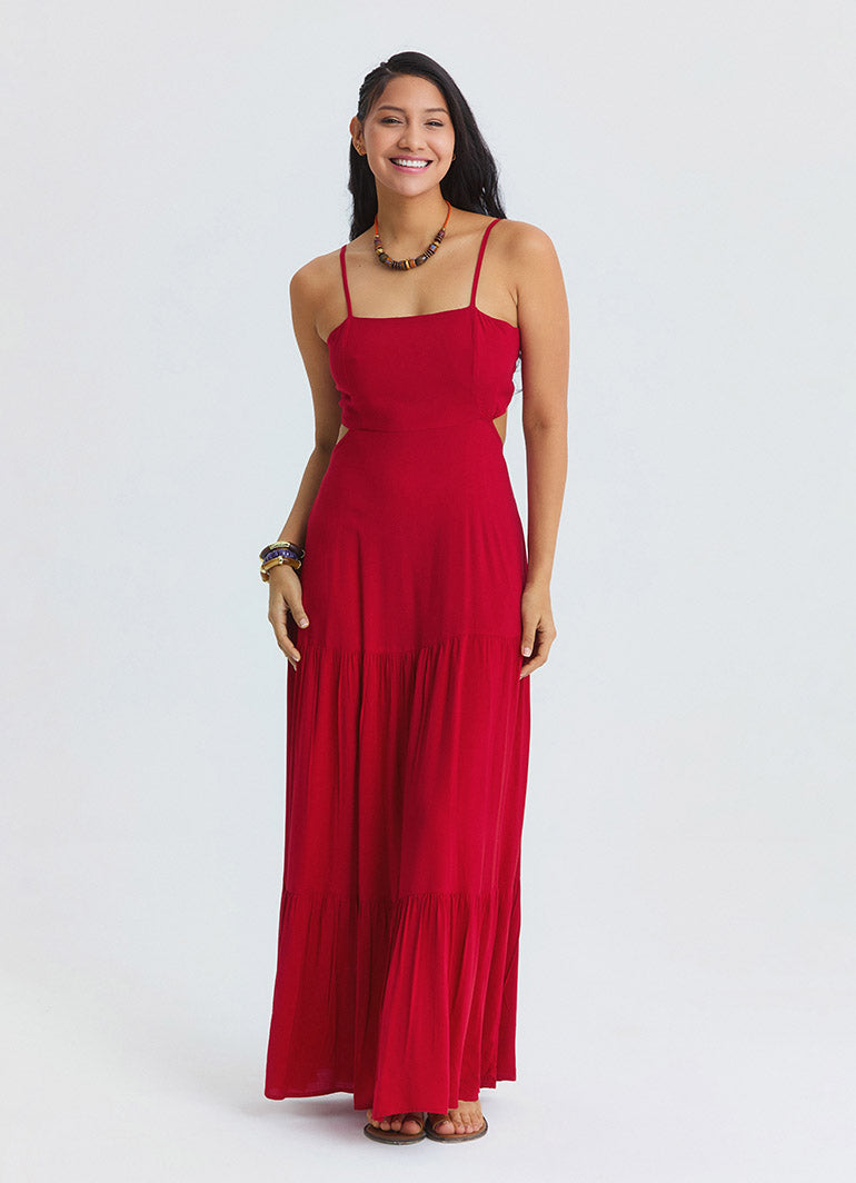 Red Long Dress with Thin Straps and Backless Neckline 4836