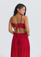 Red Long Dress with Thin Straps and Backless Neckline 4836