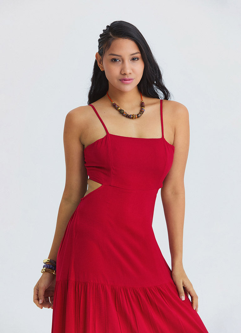 Red Long Dress with Thin Straps and Backless Neckline 4836