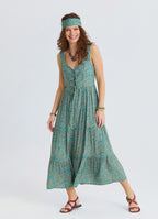 Wide Collar Front Tie Petroleum Flower Dress 4825