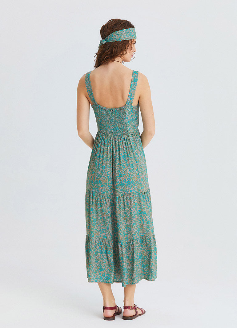 Wide Collar Front Tie Petroleum Flower Dress 4825