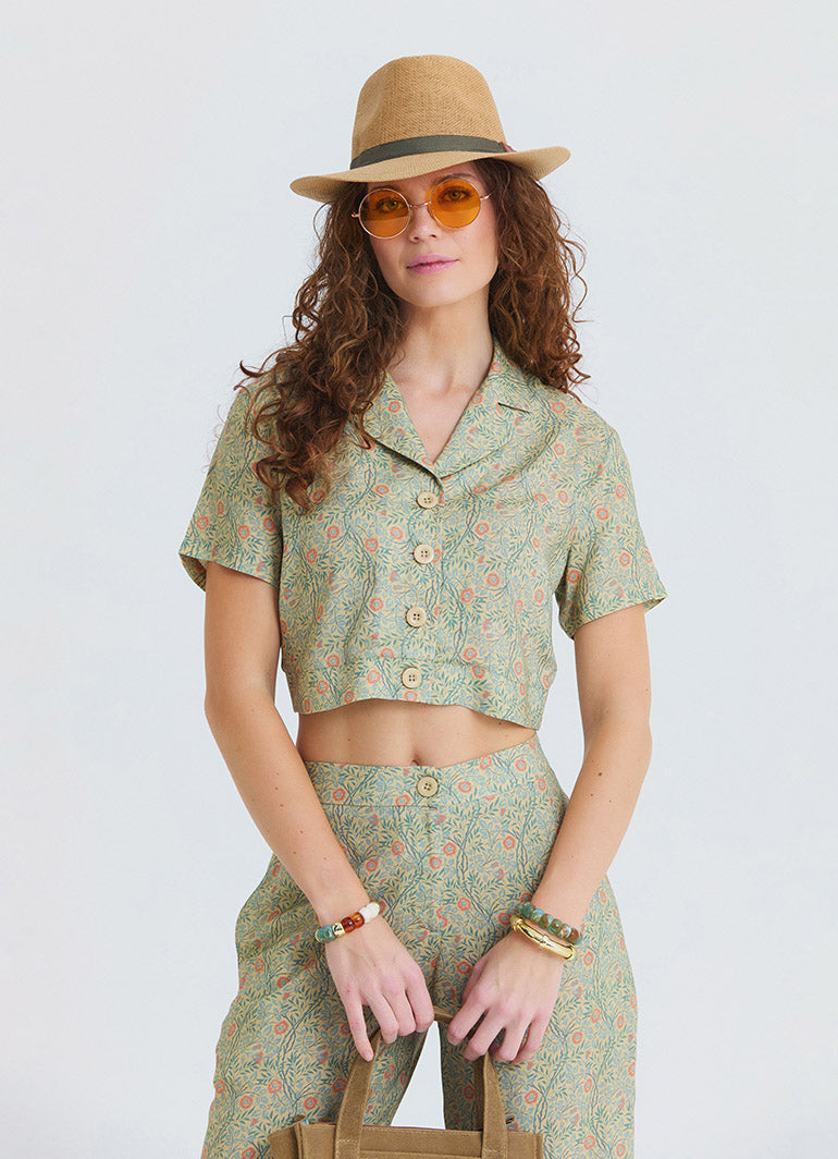 Button Down Collar Blouse with Yellow Flowers 4954