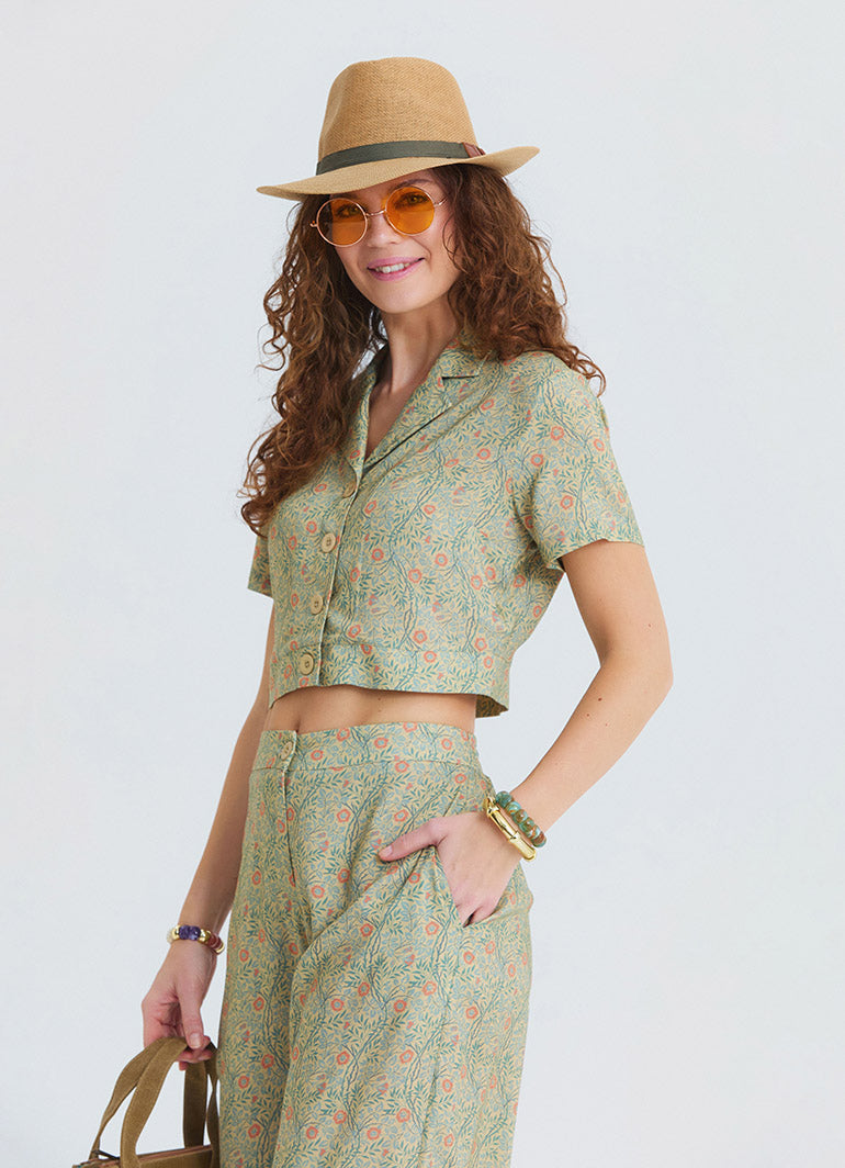 Button Down Collar Blouse with Yellow Flowers 4954