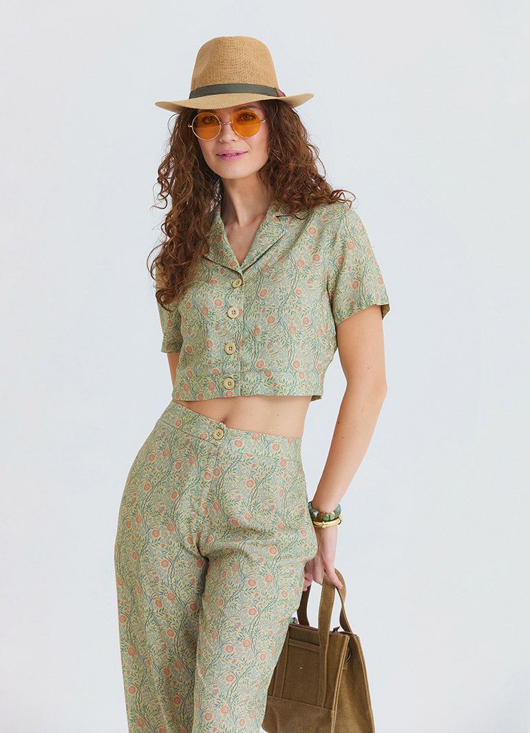 Button Down Collar Blouse with Yellow Flowers 4954