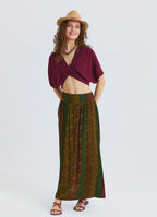 Green Long Skirt with Elasticated Waist and Deep Slit  4912