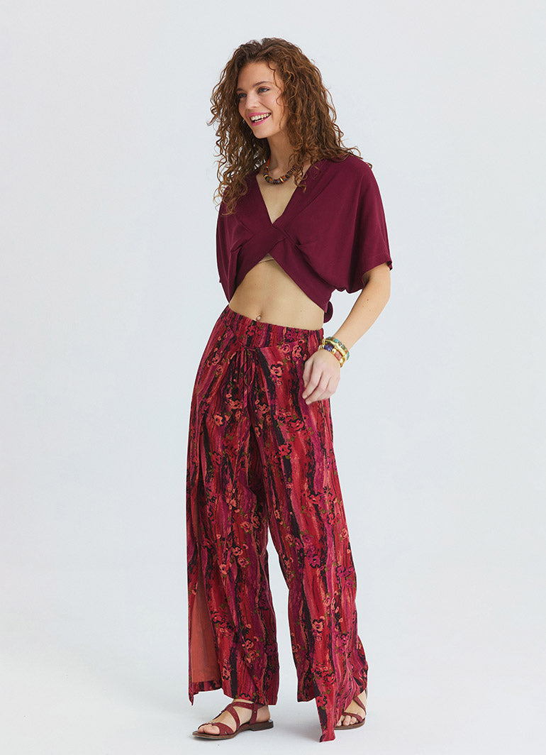stringed Double Layered Coral Womens High Waisted Trousers 4851