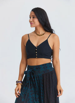 Black Crop Top with Thin Straps and Button Detail 4916
