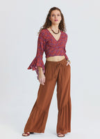 Corded Waistband, Pleated, Pockets  Coffee Coloured Wide Leg Trousers 4859
