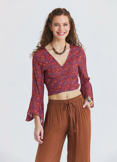 Volant Sleeve Cross Over Cut Red Floral Blouse 4894