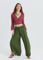 Khaki Womens Viscose Trousers with Lace-Up Detail and Side Slit