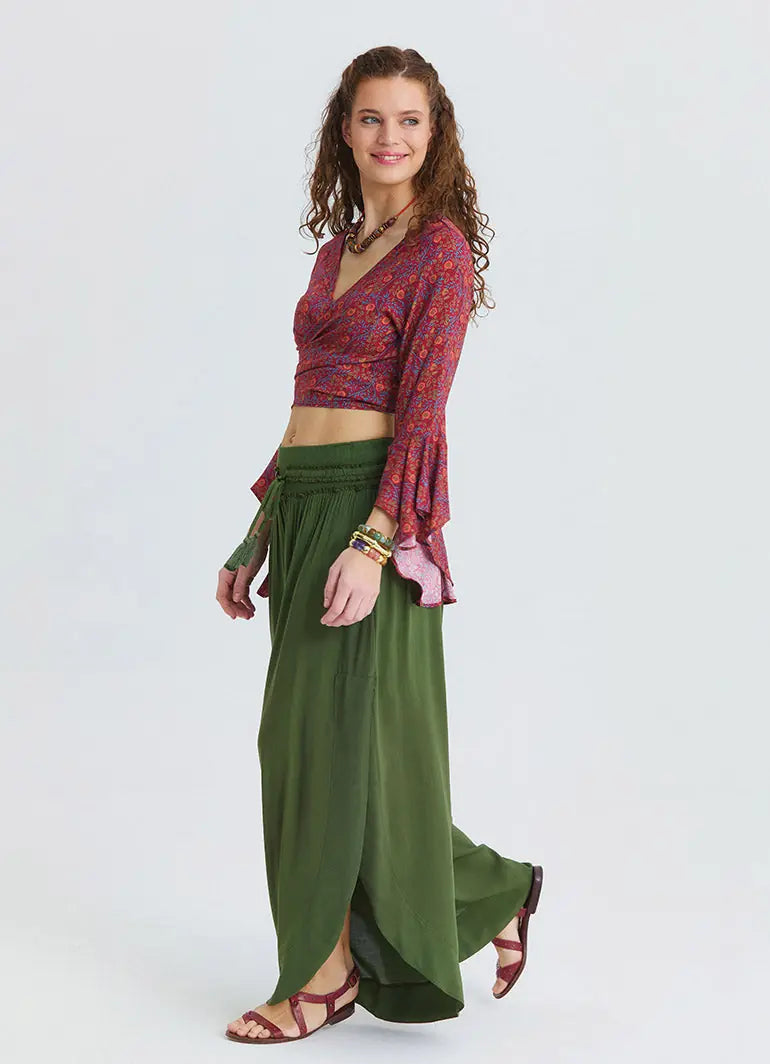 Khaki Womens Viscose Trousers with Lace-Up Detail and Side Slit