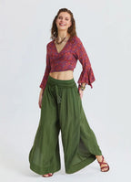 Khaki Womens Viscose Trousers with Lace-Up Detail and Side Slit