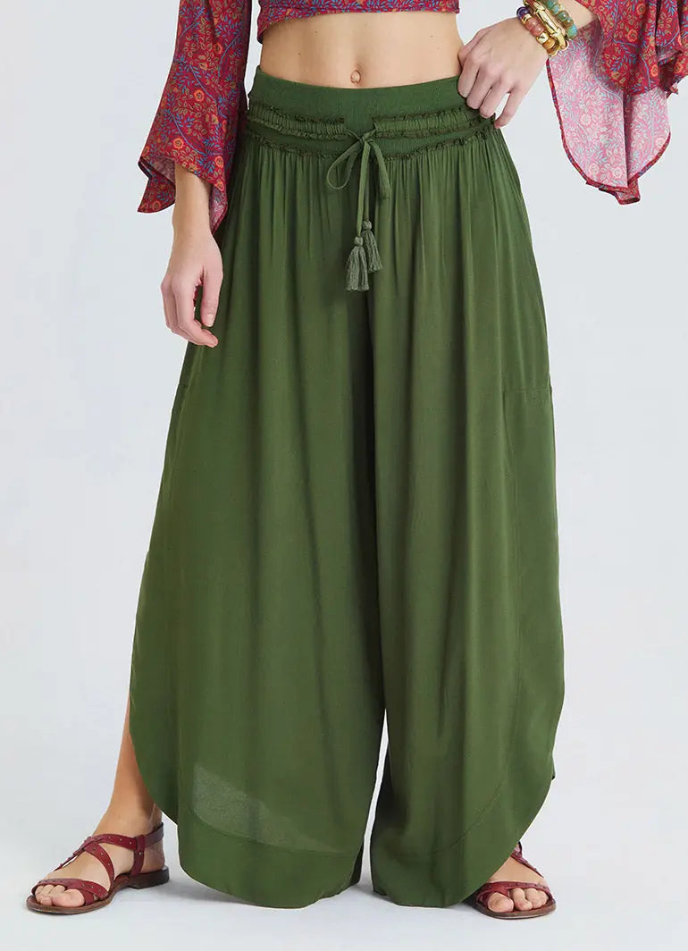 Khaki Womens Viscose Trousers with Lace-Up Detail and Side Slit