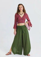 Khaki Womens Viscose Trousers with Lace-Up Detail and Side Slit