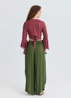 Khaki Womens Viscose Trousers with Lace-Up Detail and Side Slit