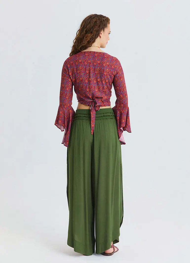 Khaki Womens Viscose Trousers with Lace-Up Detail and Side Slit